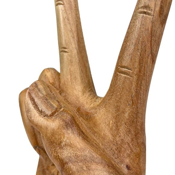 Carved Wooden Peace Sign Hand Gesture Statue Natural Finish 7.75 Inches High - Picture 3 of 10